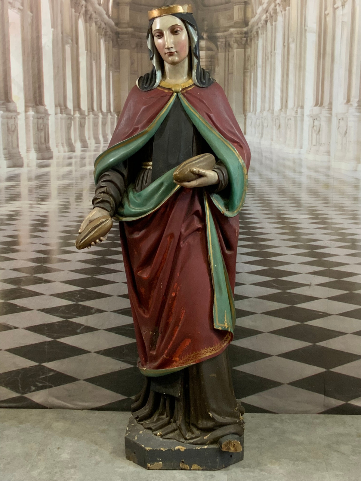 NAZARENER HEILIGENFIGUR HEILIGE MIT KRONE UND BROT ANTIK 19 TES JHDT 141cm – Bild 3