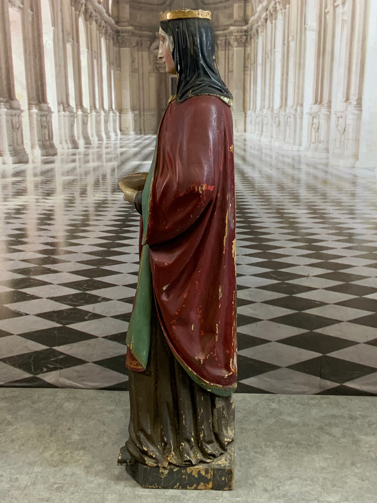 NAZARENER HEILIGENFIGUR HEILIGE MIT KRONE UND BROT ANTIK 19 TES JHDT 141cm – Bild 4