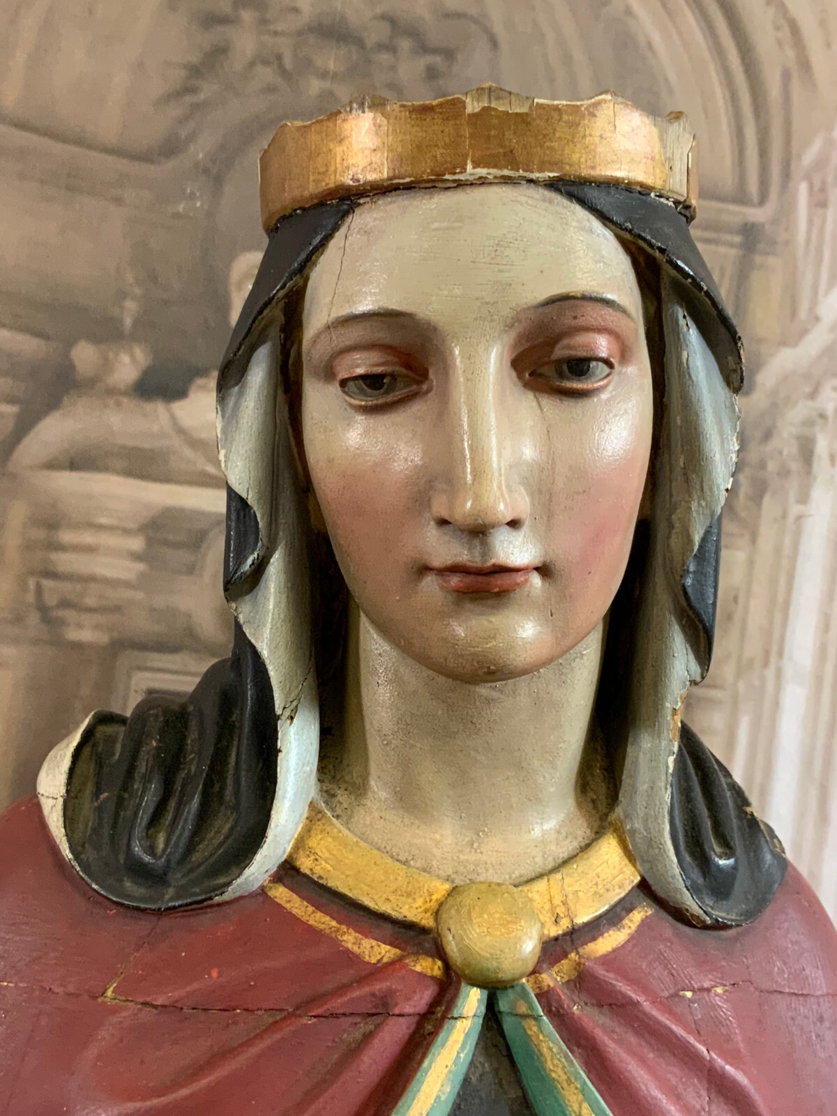 NAZARENER HEILIGENFIGUR HEILIGE MIT KRONE UND BROT ANTIK 19 TES JHDT 141cm – Bild 6