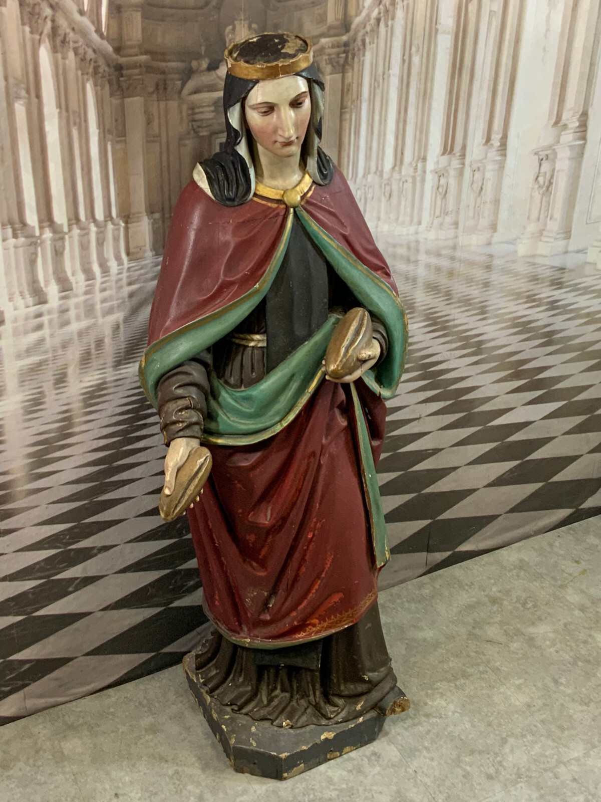 NAZARENER HEILIGENFIGUR HEILIGE MIT KRONE UND BROT ANTIK 19 TES JHDT 141cm
