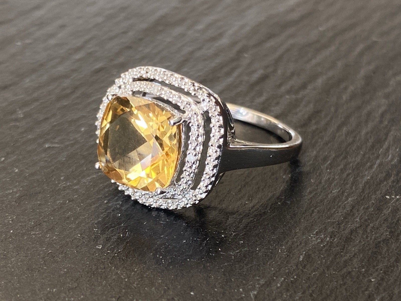 RING 925 STERLING SILBER CITRIN DIAMANTEN GRÖSSE 59,5 CUSHION