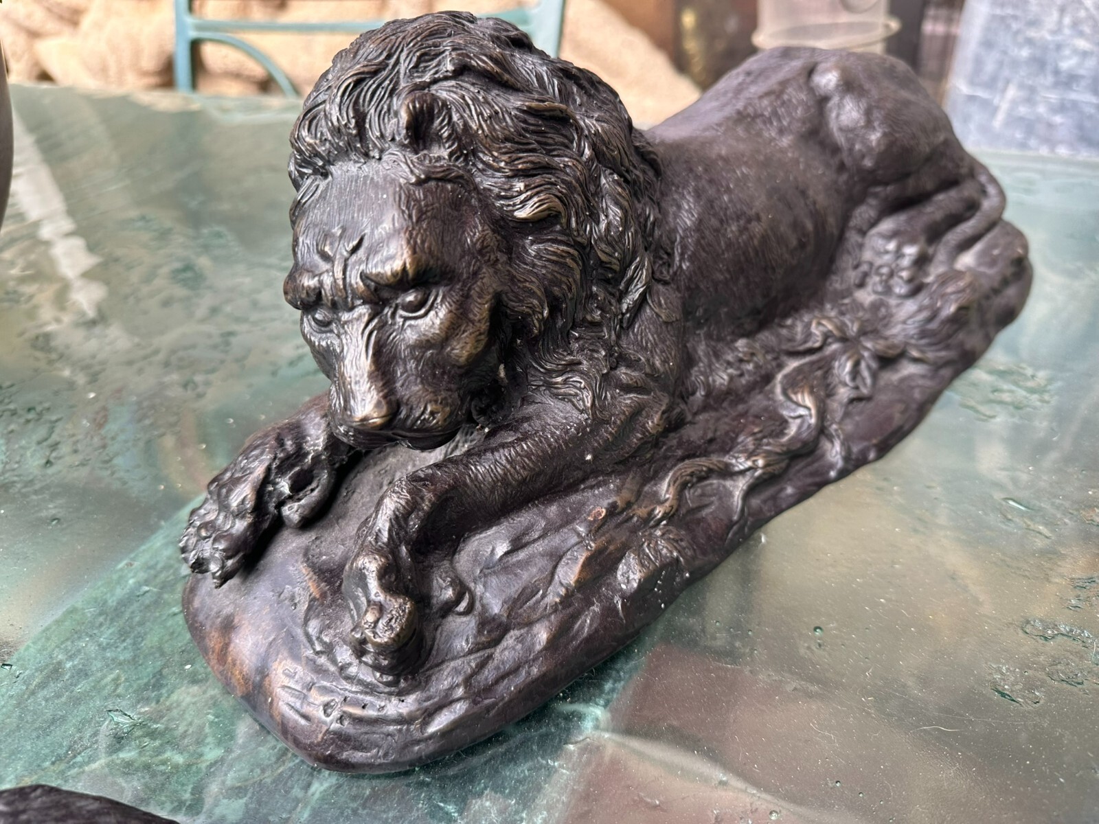 LÖWENPAAR 2x GROSSE SKULPTUR AUS BRONZE LÖWEN 41cm LANG – Bild 5
