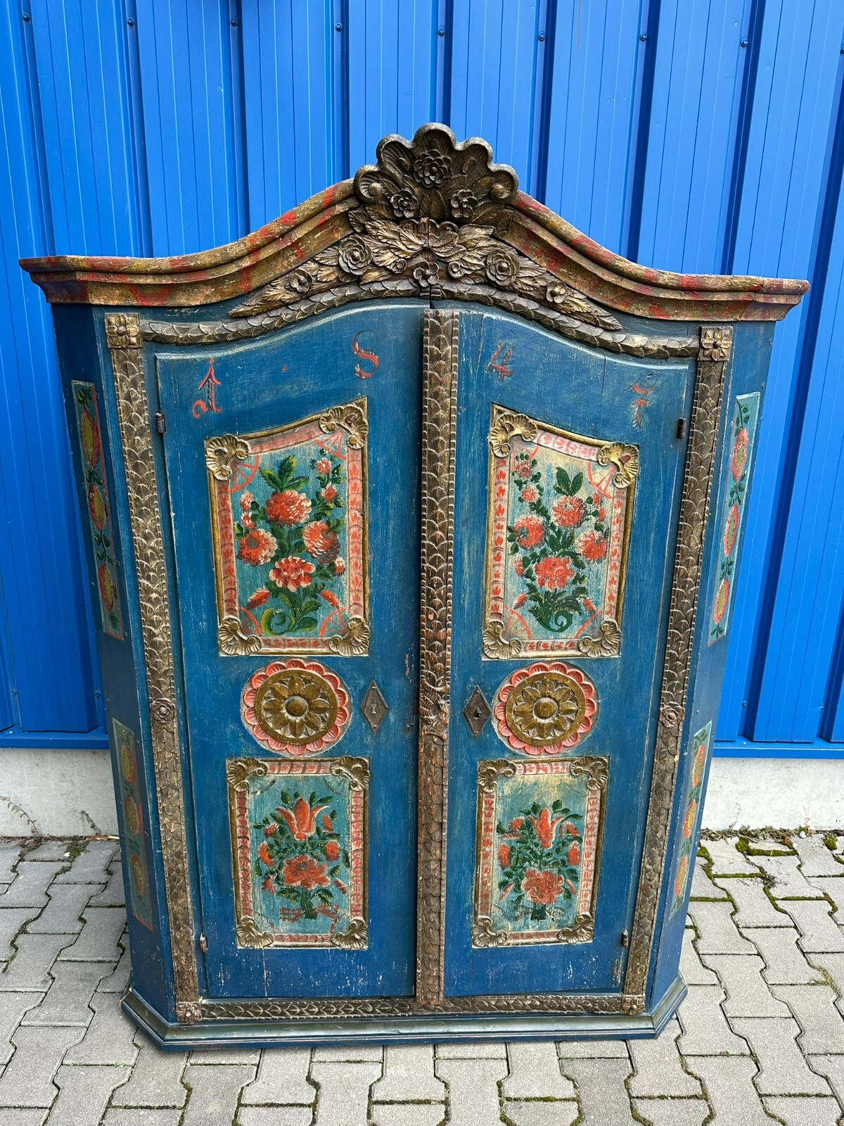 ANTIKER BAUERNSCHRANK VON 1847 ORIGINAL BEMALT