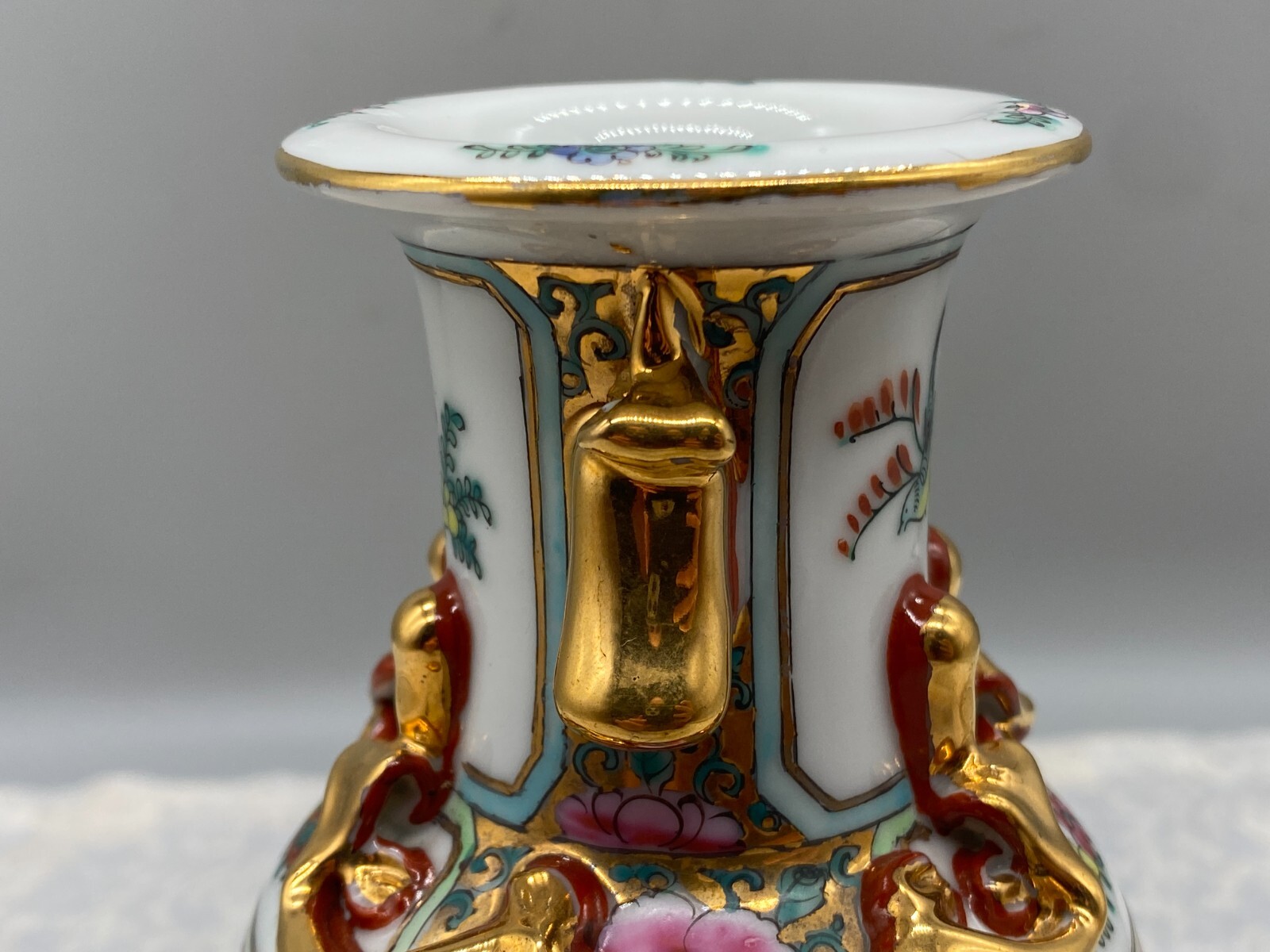 CHINA PORZELLAN VASE BLUMEN INSEKTEN DEKOR HANDBEMALT VERGOLDUNG 20cm – Bild 11