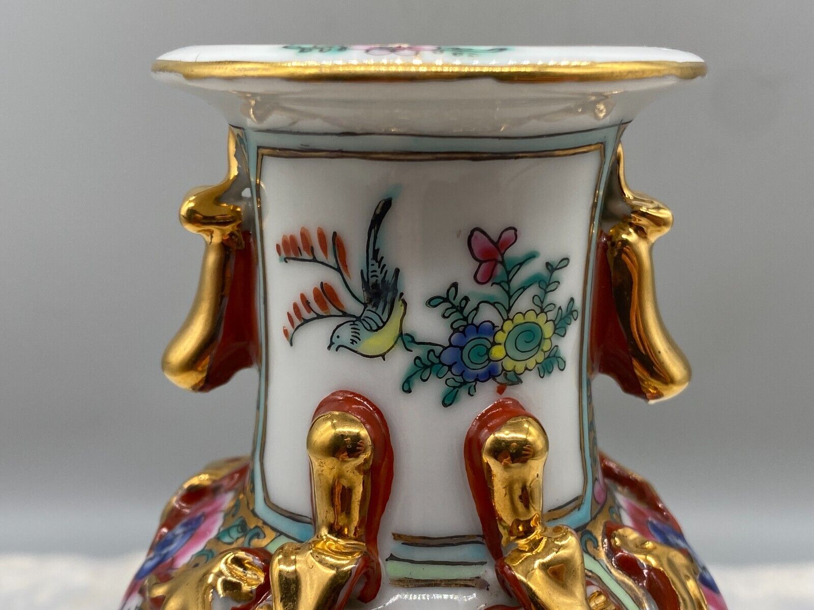 CHINA PORZELLAN VASE BLUMEN INSEKTEN DEKOR HANDBEMALT VERGOLDUNG 20cm – Bild 14