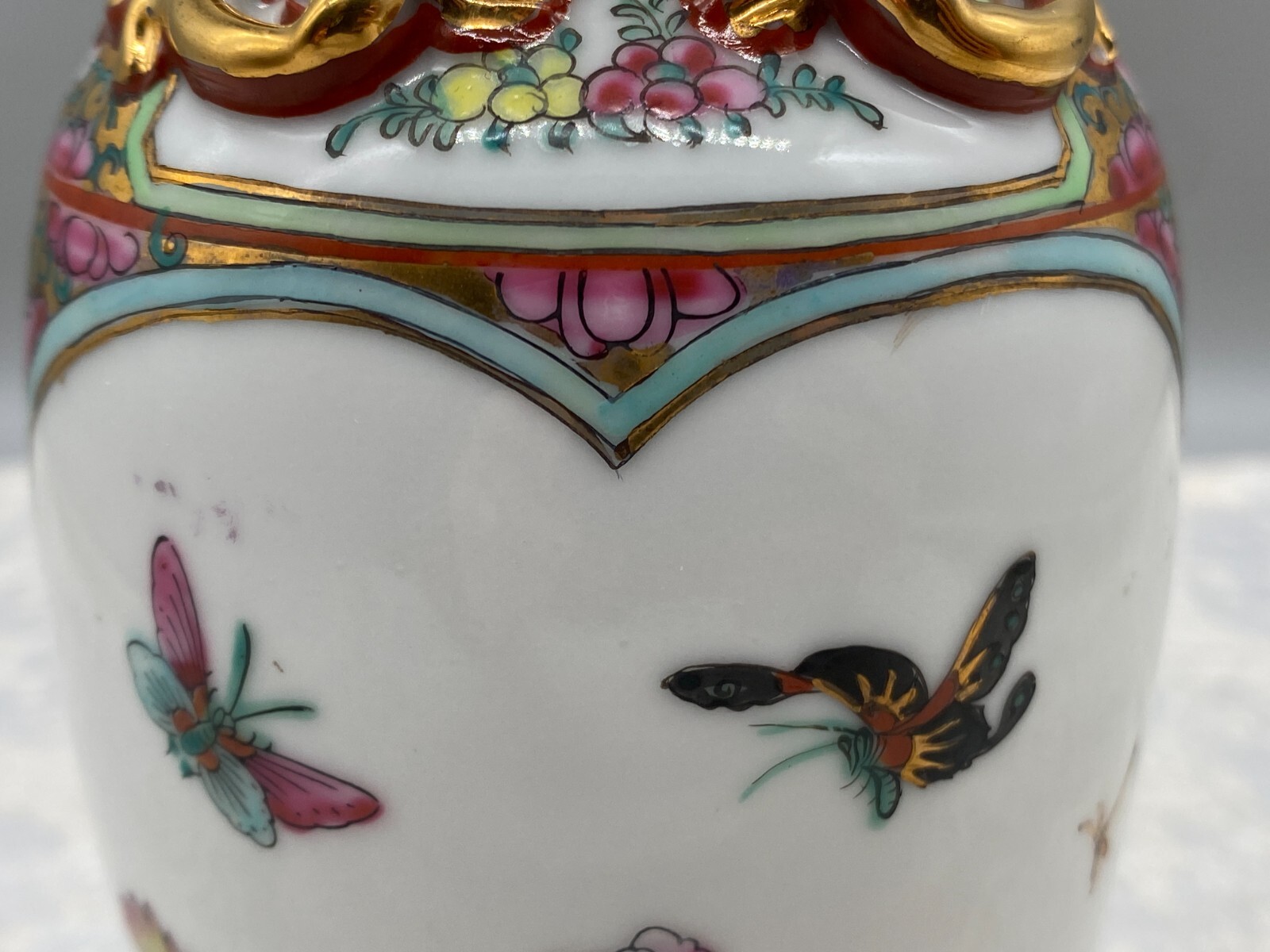 CHINA PORZELLAN VASE BLUMEN INSEKTEN DEKOR HANDBEMALT VERGOLDUNG 20cm – Bild 15
