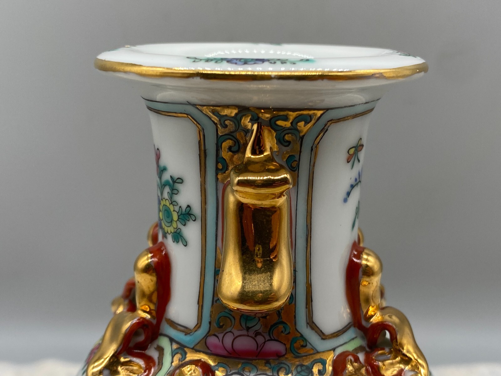 CHINA PORZELLAN VASE BLUMEN INSEKTEN DEKOR HANDBEMALT VERGOLDUNG 20cm – Bild 17