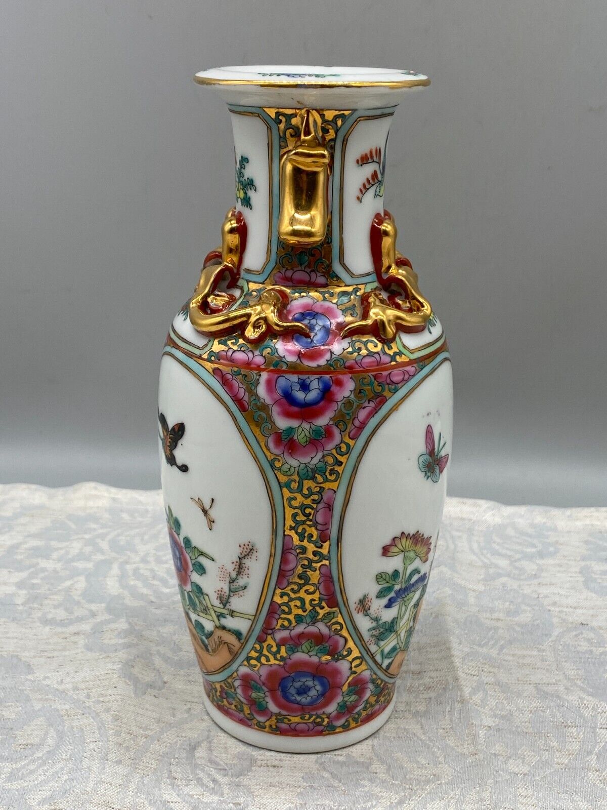 CHINA PORZELLAN VASE BLUMEN INSEKTEN DEKOR HANDBEMALT VERGOLDUNG 20cm – Bild 5