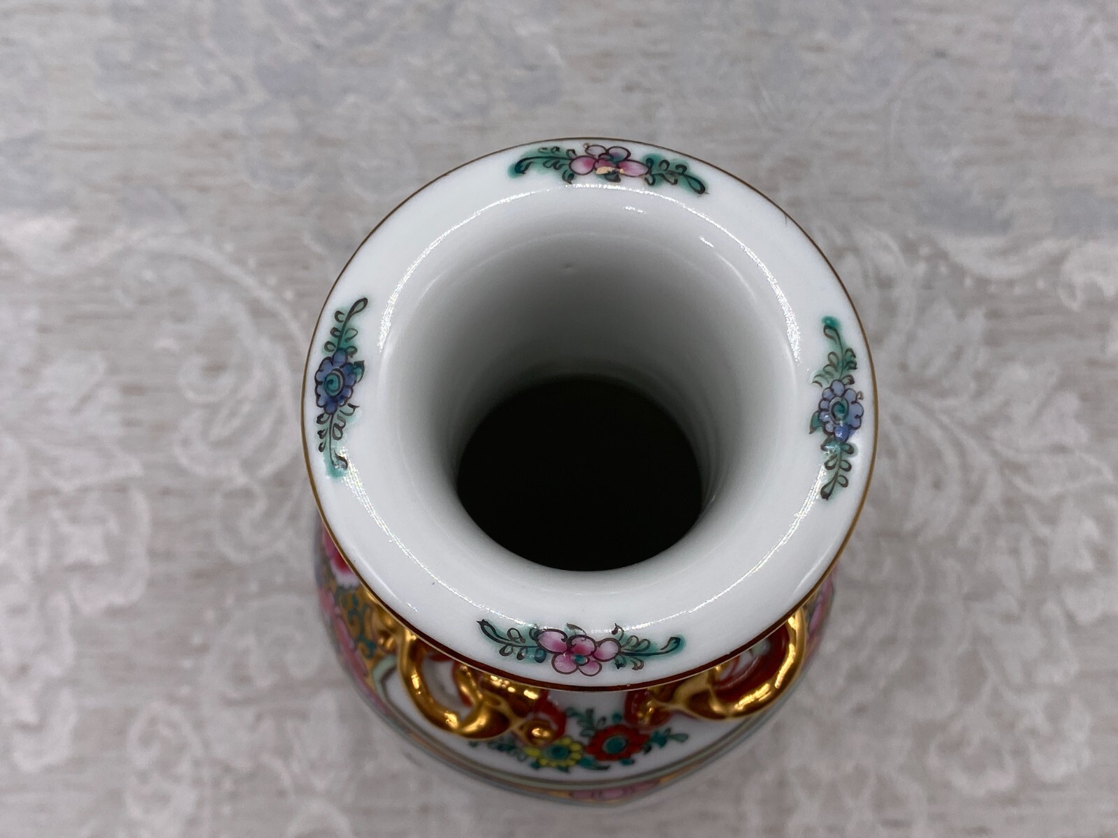 CHINA PORZELLAN VASE BLUMEN INSEKTEN DEKOR HANDBEMALT VERGOLDUNG 20cm – Bild 7