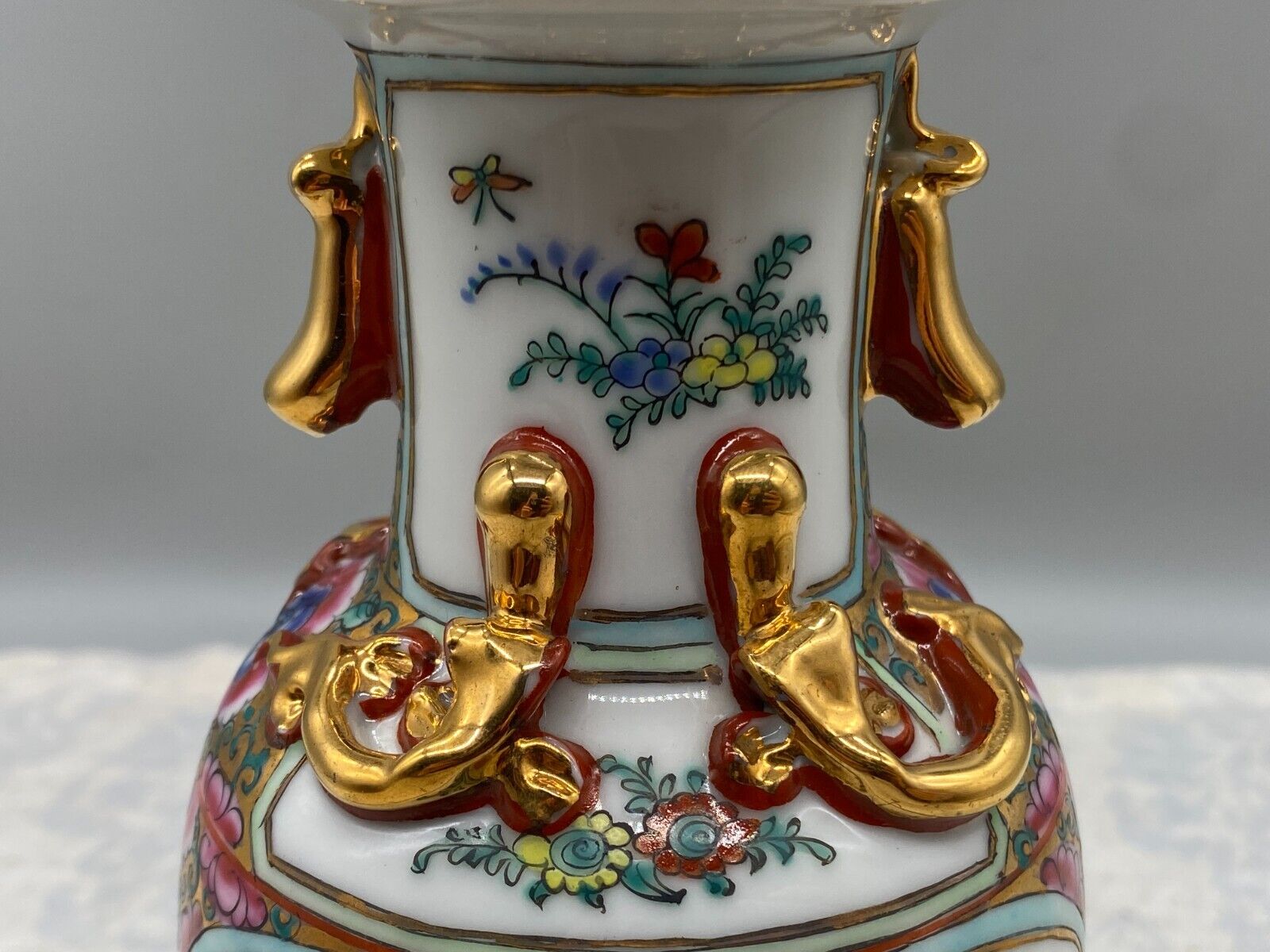 CHINA PORZELLAN VASE BLUMEN INSEKTEN DEKOR HANDBEMALT VERGOLDUNG 20cm – Bild 8