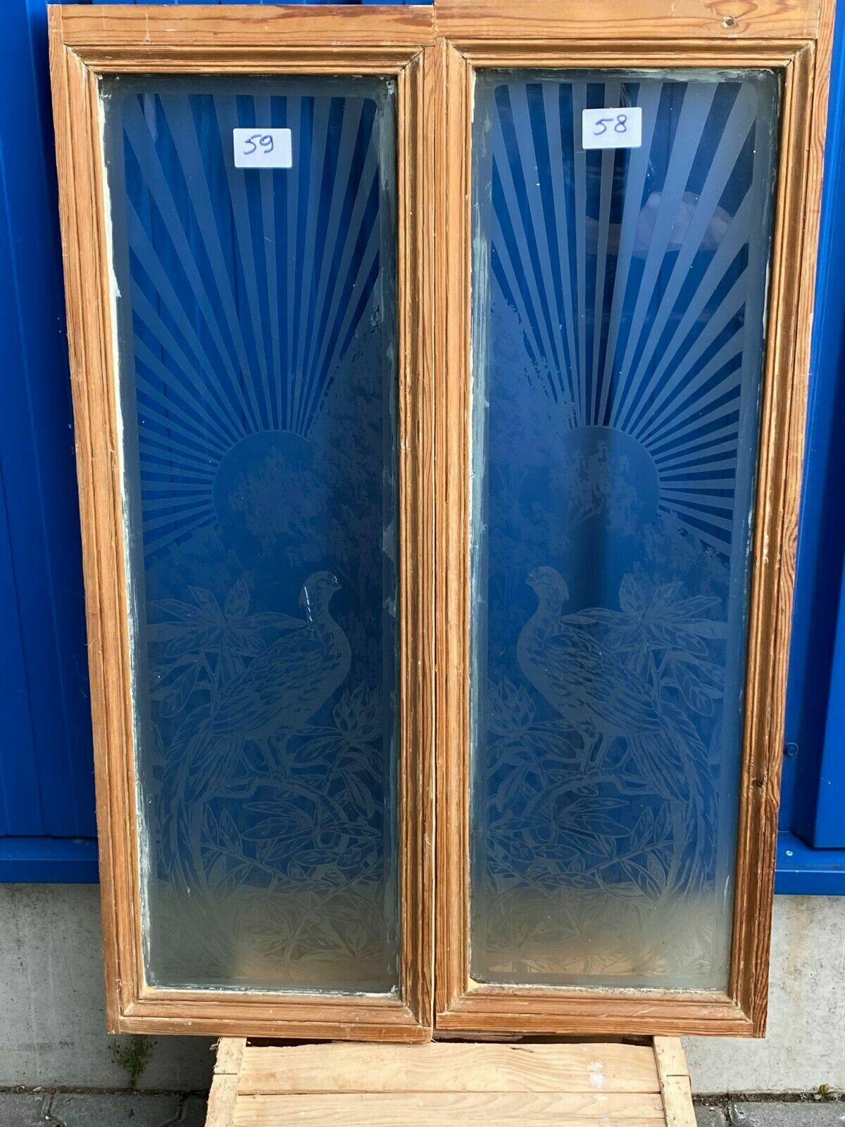 2x ANTIKE GLASSCHEIBE ORIGINAL UM 1920 JUGENDSTIL / ART DECO VÖGEL