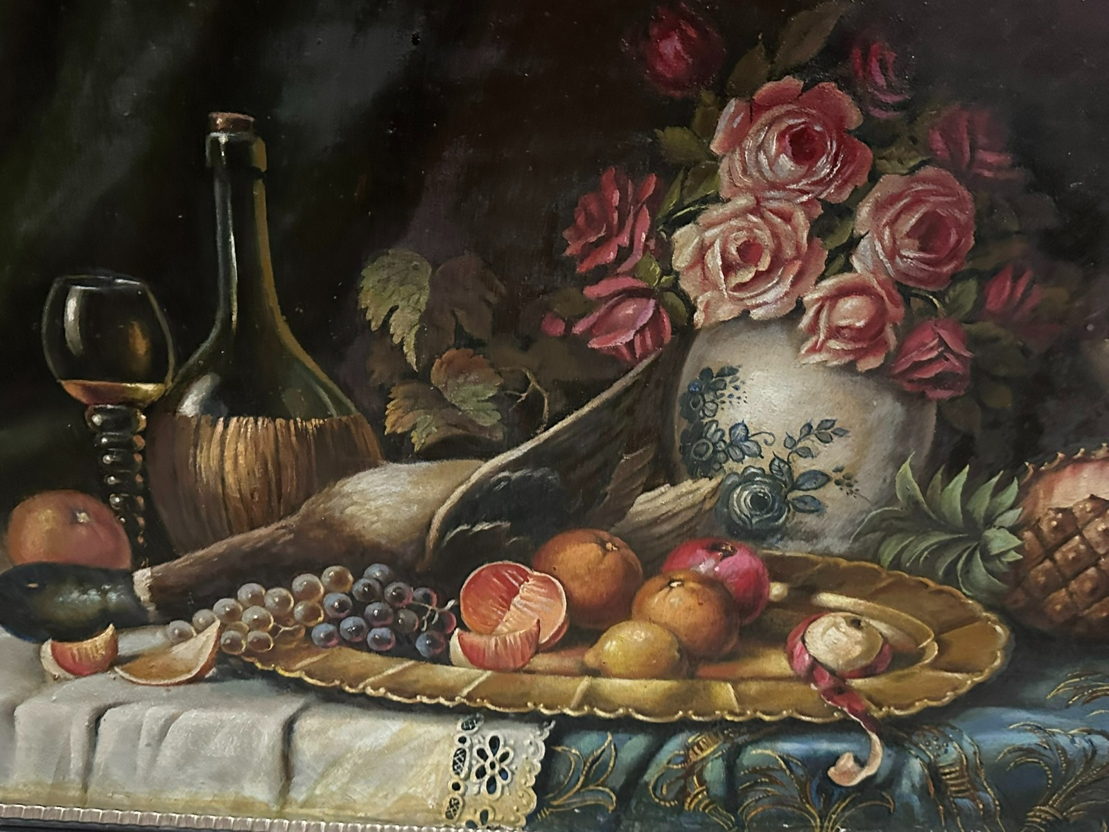 C. CORDIER 1935 ANTIKES ÖLGEMÄLDE STILLLEBEN MIT BLUMEN UND OBST PRUNKRAHMEN