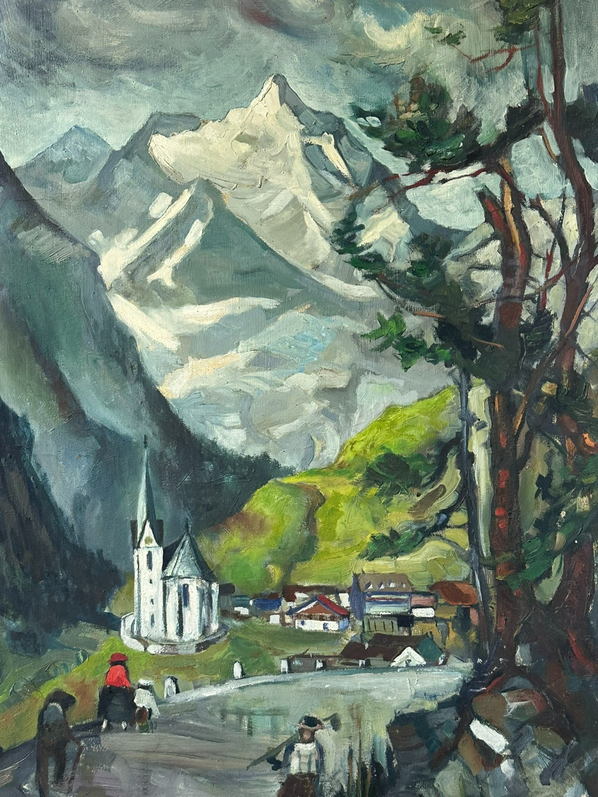 GROSSES ÖLGEMÄLDE PERSONEN IN LANDSCHAFT VOR GEBIRGE