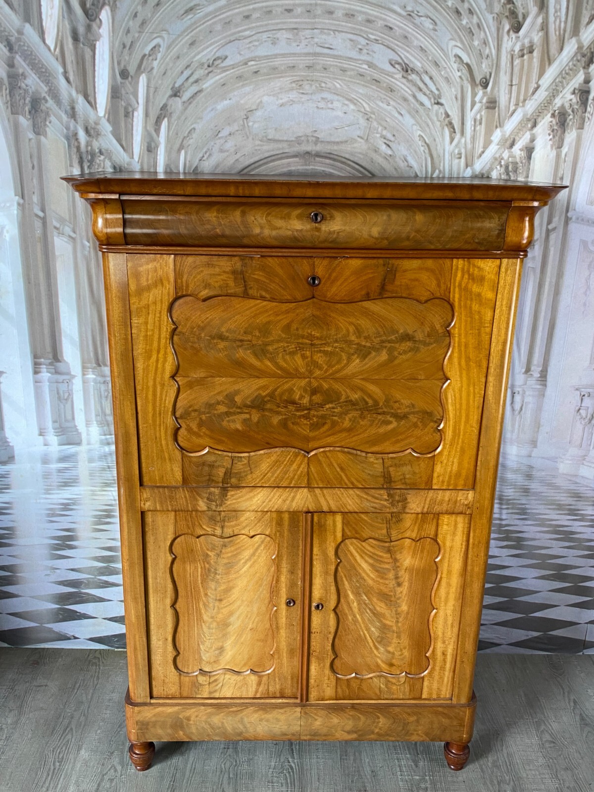 BIEDERMEIER SEKRETÄR UM 1860 ANTIK MAHAGONI FURNIER INNEN BIRKE SCHREIBMÖBEL