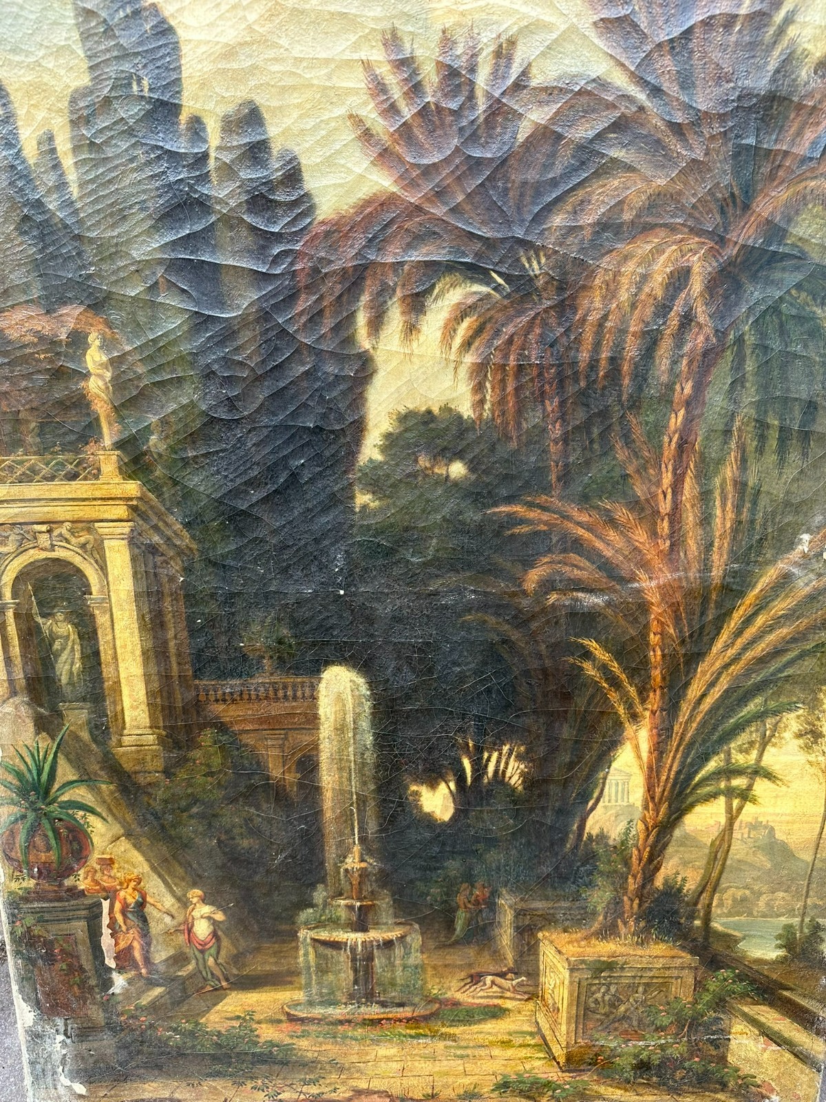 98x144cm ÖLGEMÄLDE ROMATISCHE ANTIKE LANDSCHAFT MIT PERSONEN RESTAURATIONSOBJEKT