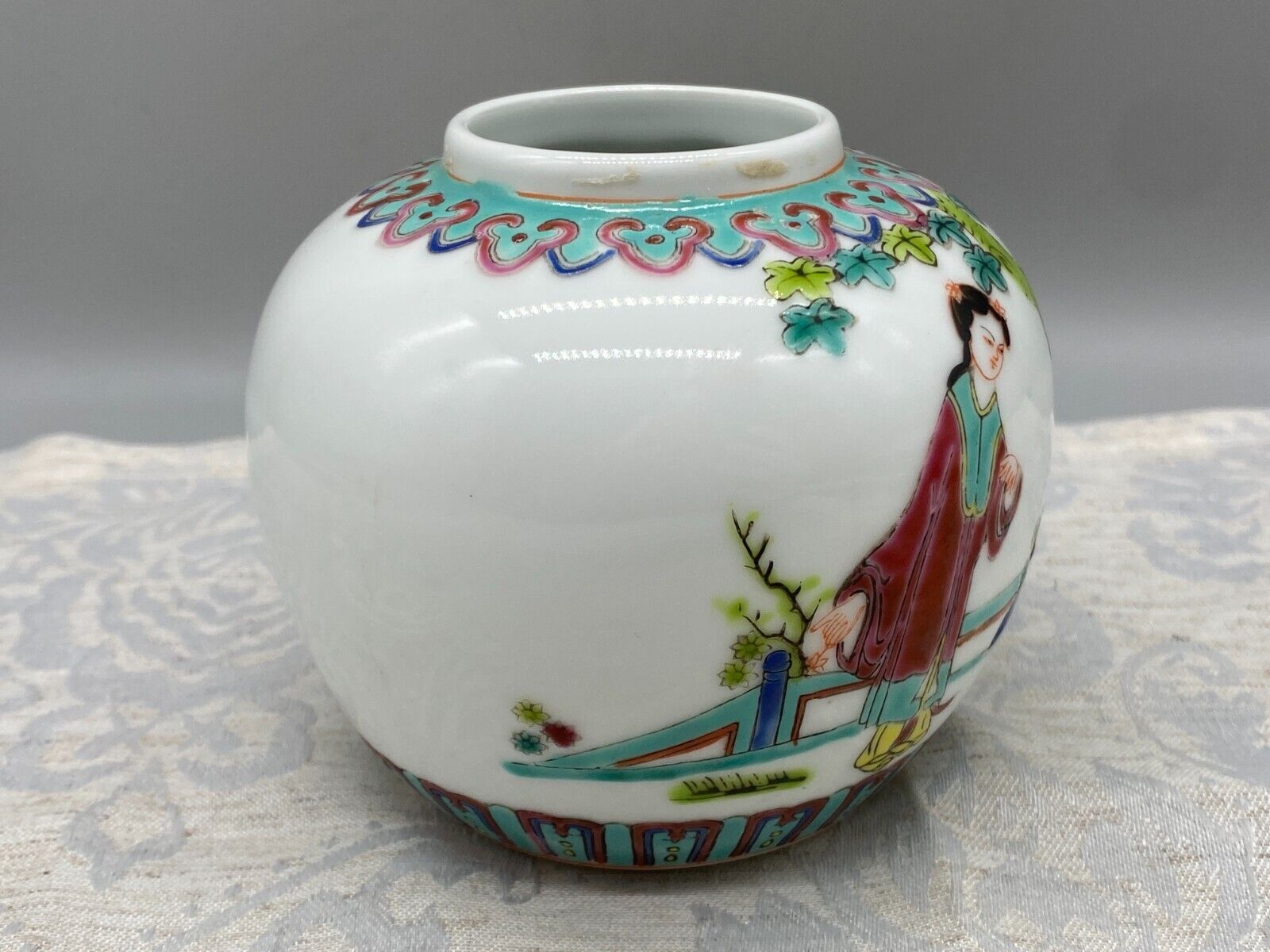 CHINA PORZELLAN KUGELVASE VASE PERSONEN DEKOR HANDBEMALT – Bild 3