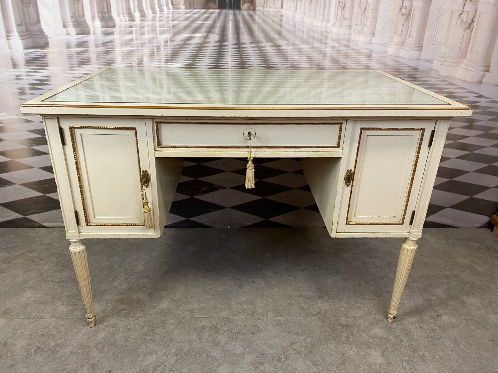 LOUIS SEIZE SCHREIBTISCH HOLZ MIT GLASPLATTE STILMÖBEL 20 TES JHDT