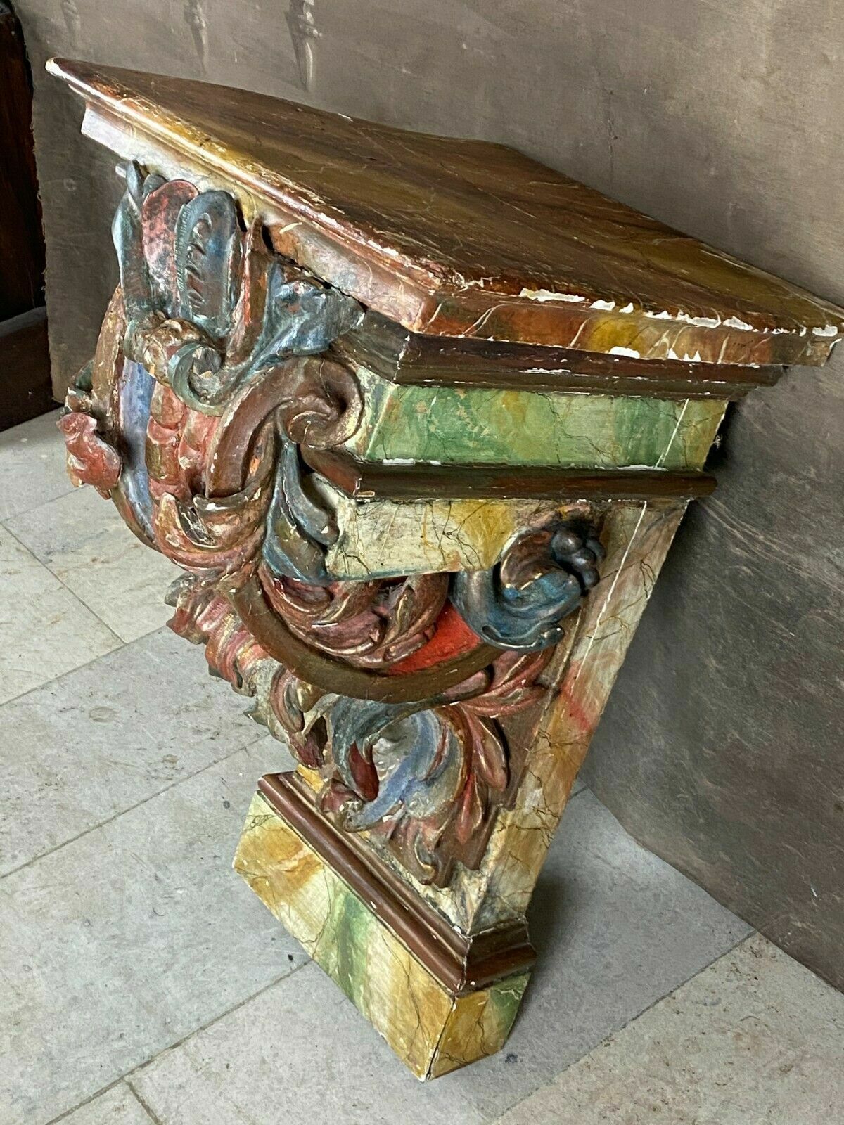 BAROCK KONSOLE SCHNITZEREIEN HOLZ MASSIV POLYCHROM GEFASST ANTIK 18-TES JHDT – Bild 3