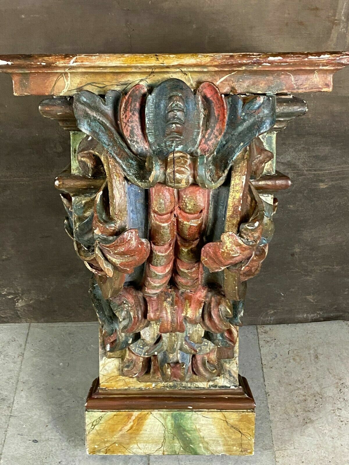 BAROCK KONSOLE SCHNITZEREIEN HOLZ MASSIV POLYCHROM GEFASST ANTIK 18-TES JHDT – Bild 6