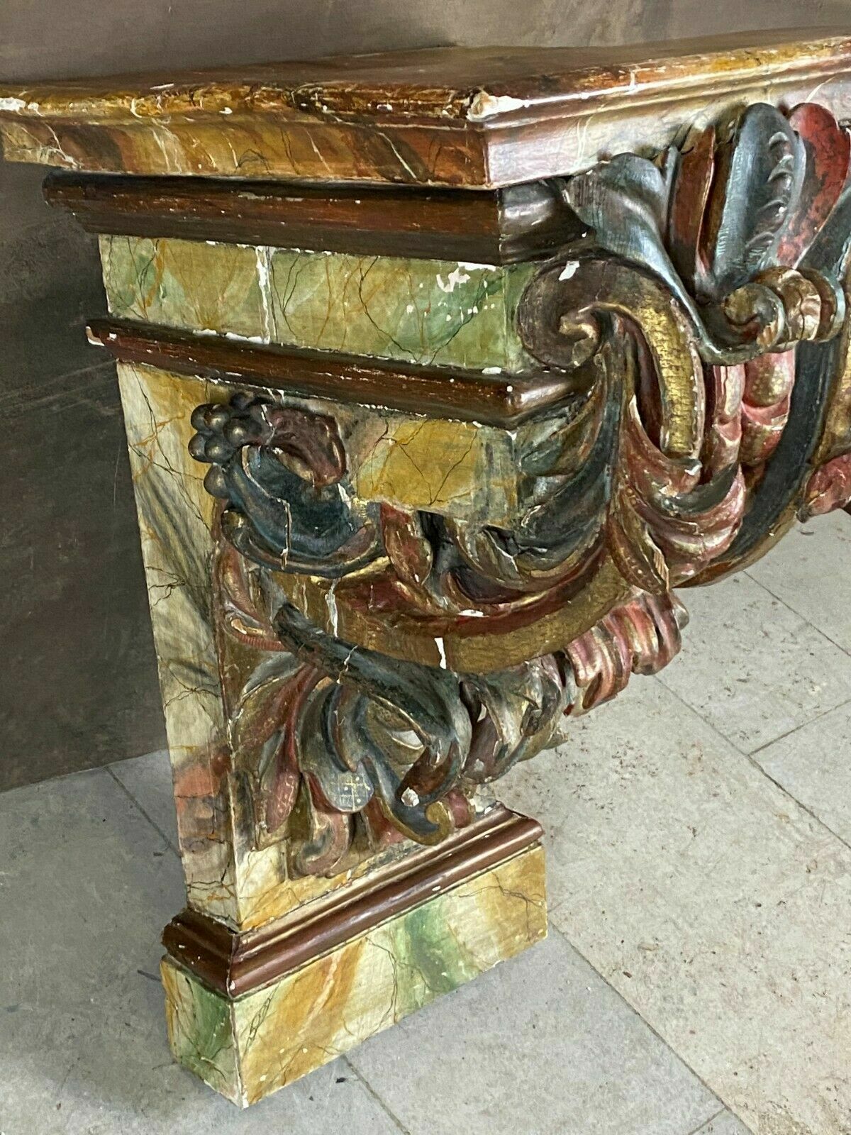 BAROCK KONSOLE SCHNITZEREIEN HOLZ MASSIV POLYCHROM GEFASST ANTIK 18-TES JHDT – Bild 7