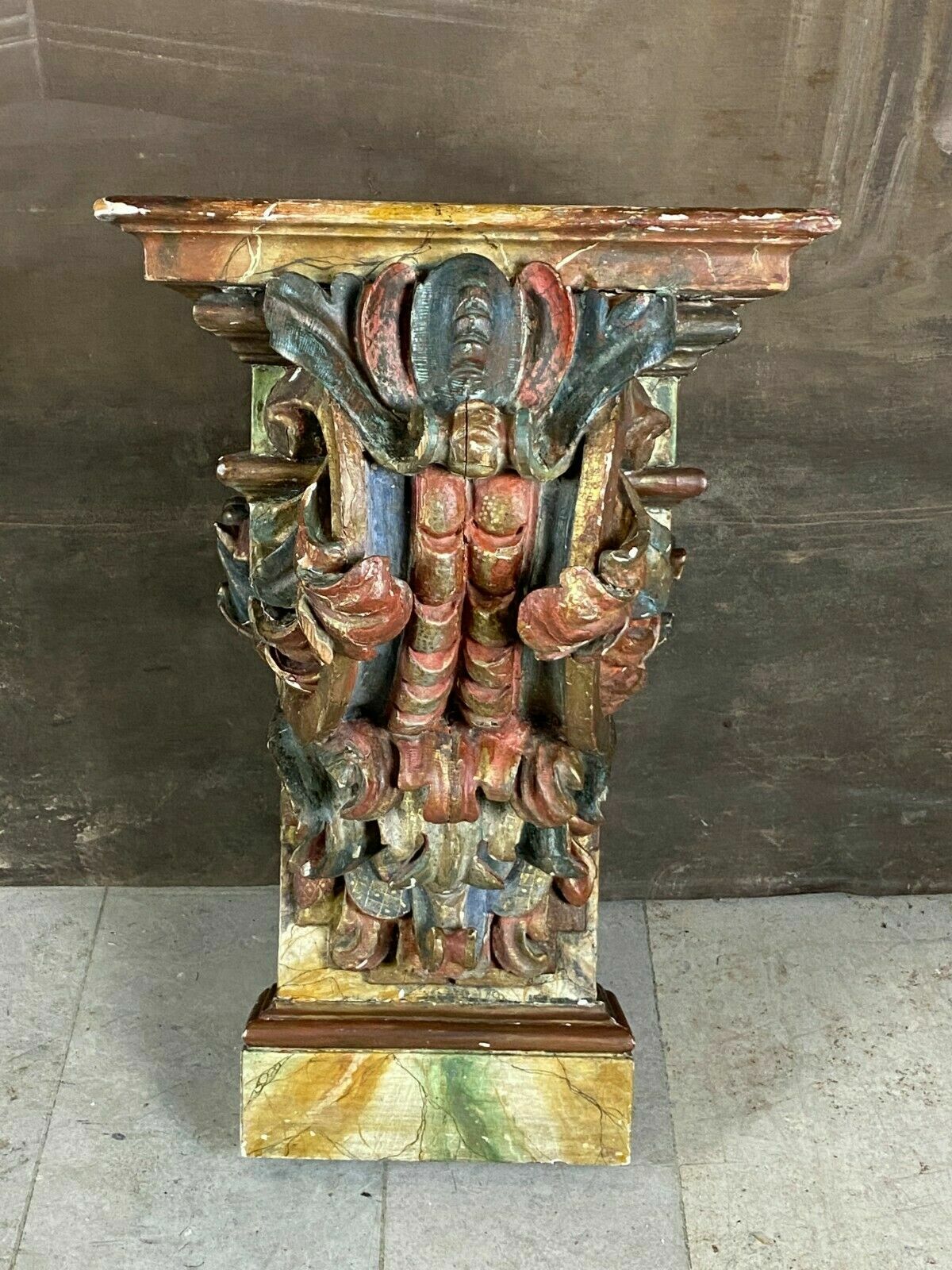 BAROCK KONSOLE SCHNITZEREIEN HOLZ MASSIV POLYCHROM GEFASST ANTIK 18-TES JHDT