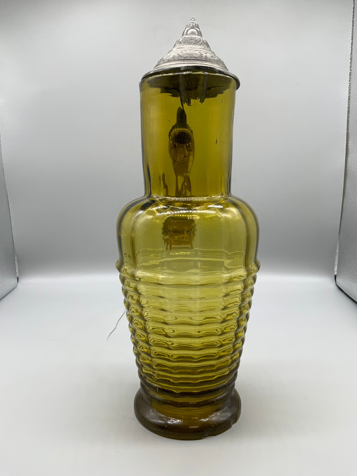 GROSSE ANTIKE KANNE AUS GLASS MIT ZINN DECKEL 36cm HOCH