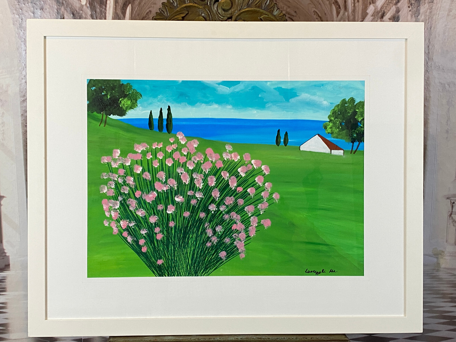 SEHR GROSSES AQUARELL MASSIV GERAHMT LANDSCHAFT BLUMEN SIGNIERT M. LAVEZOLLI – Bild 4