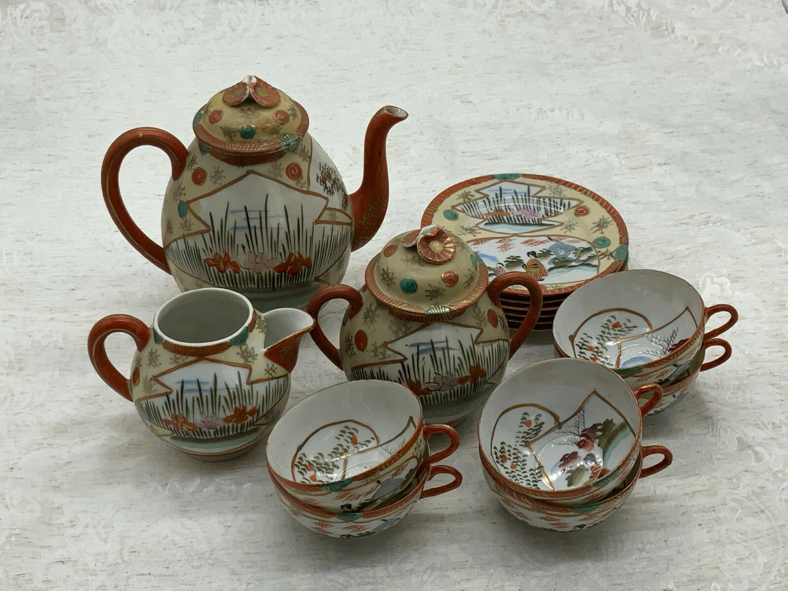 JAPAN ANTIKES TEESERVICE AUS PORZELLAN HANDBEMALT