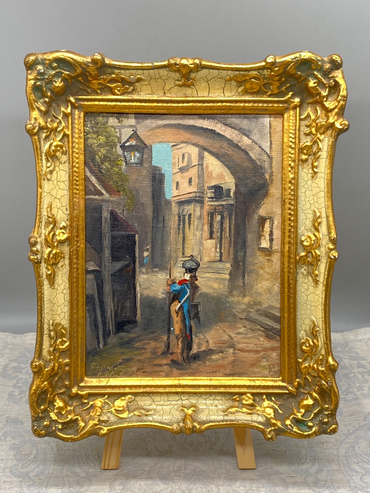 ÖLGEMÄLDE SOLDAT IN ALTSTADT KOPIE NACH SPITZWEG PRUNKRAHMEN SIGNIERT