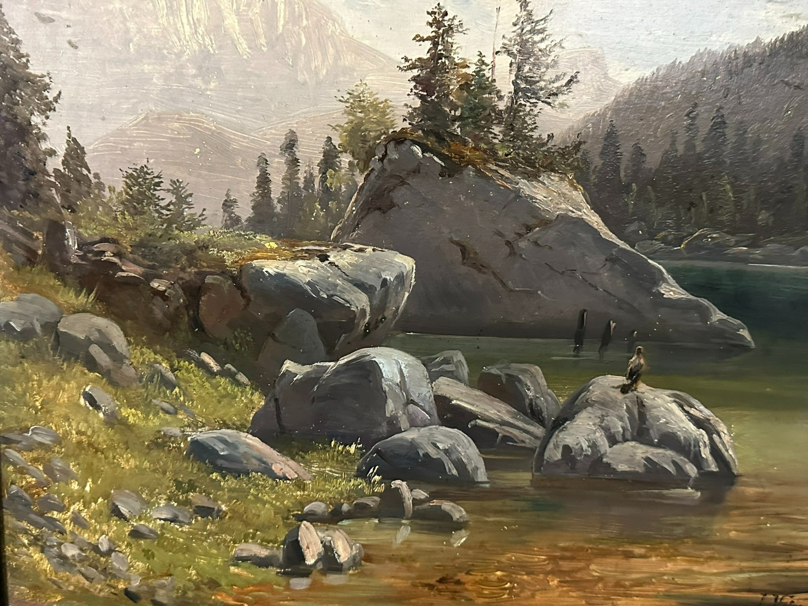 L. VALEZ ANTIKES ÖLGEMÄLDE ROMATIKER FLUSS LANDSCHAFT VOR GEBIRGE