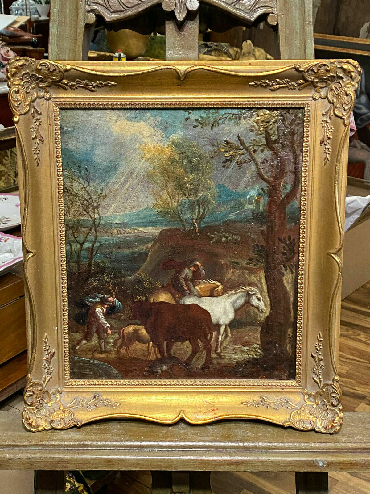 BAROCK ÖLGEMÄLDE ITALIEN UM 1700 LANDSCHAFT PFERDE PERSONEN CARLO TAVELLA UMKR. – Bild 3