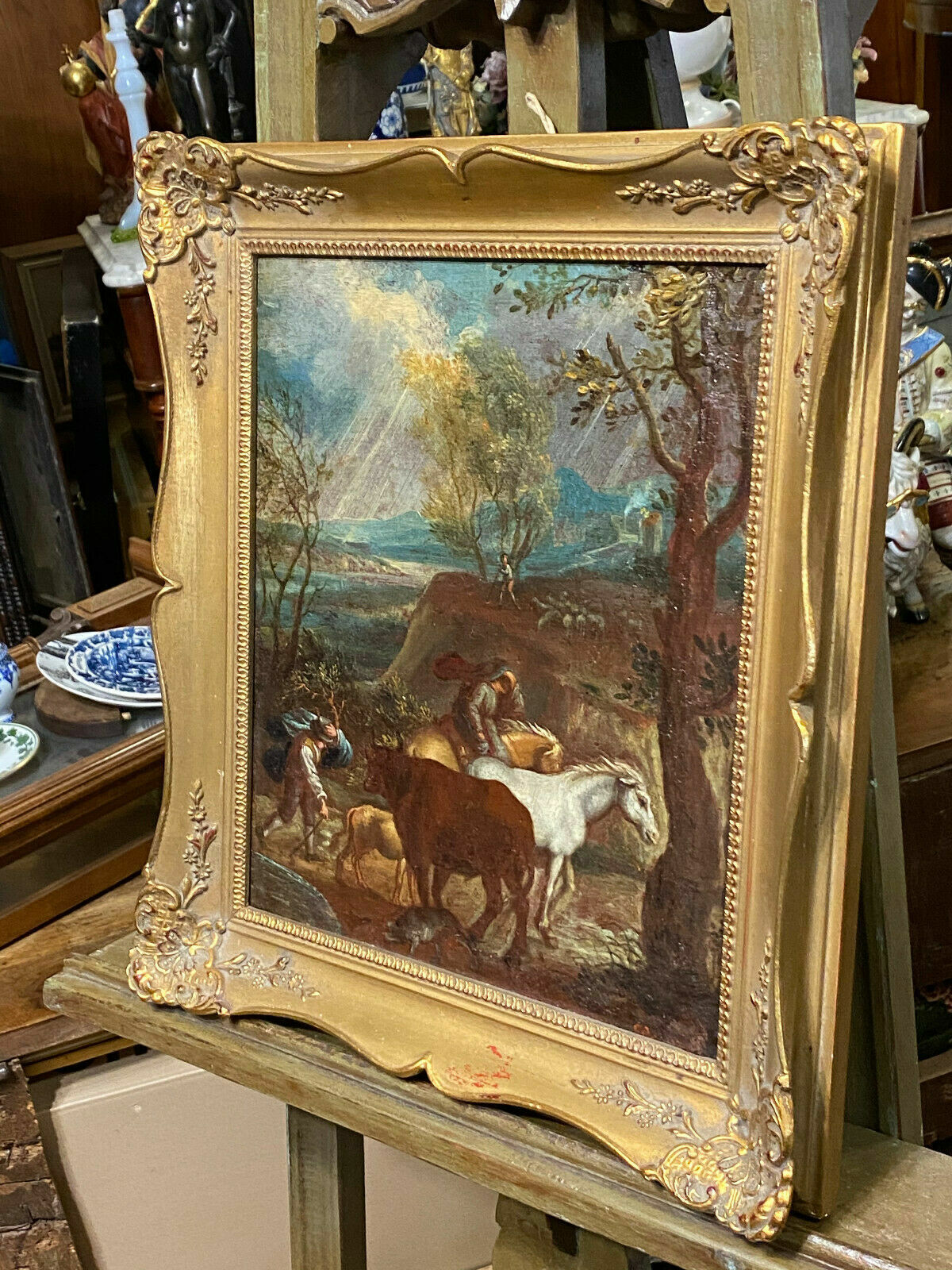 BAROCK ÖLGEMÄLDE ITALIEN UM 1700 LANDSCHAFT PFERDE PERSONEN CARLO TAVELLA UMKR. – Bild 9