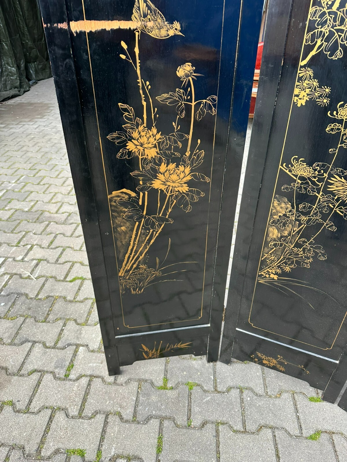 ANTIKES 180x183cm JAPANISCHES PARAVENT UM 1930 ART DECO STEINFIGUREN BEMALUNG – Bild 19